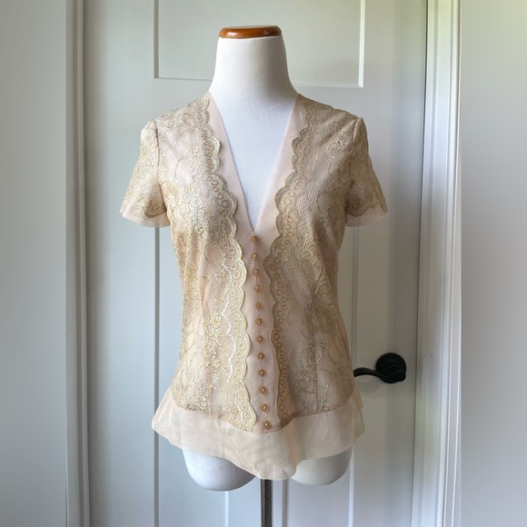 Y2K BCBG Max Azria Gold Lace V-neck Top Size Medium - Picture 2 of 9